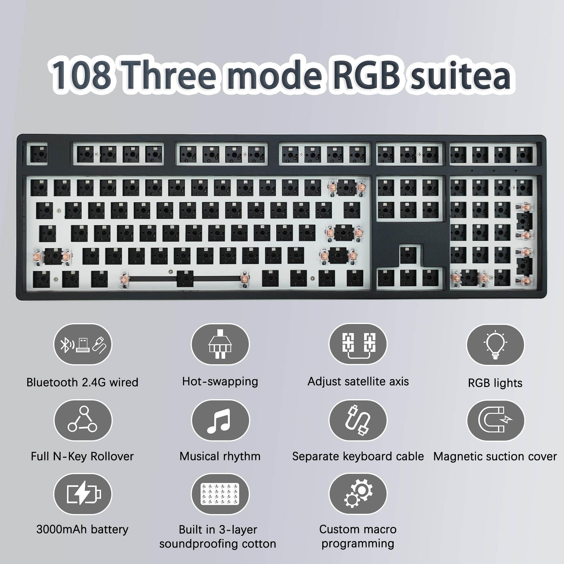 Gaming Keyboard Hot Swappable - 108 keys Mechanical Keyboard KIT 3-Mode