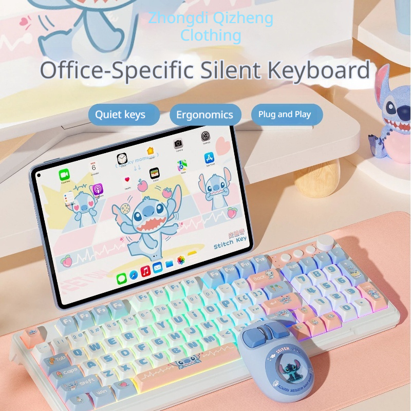 Gaming Keyboard Mouse Set - Disney Stitch Silent Noiseless Keyboard And